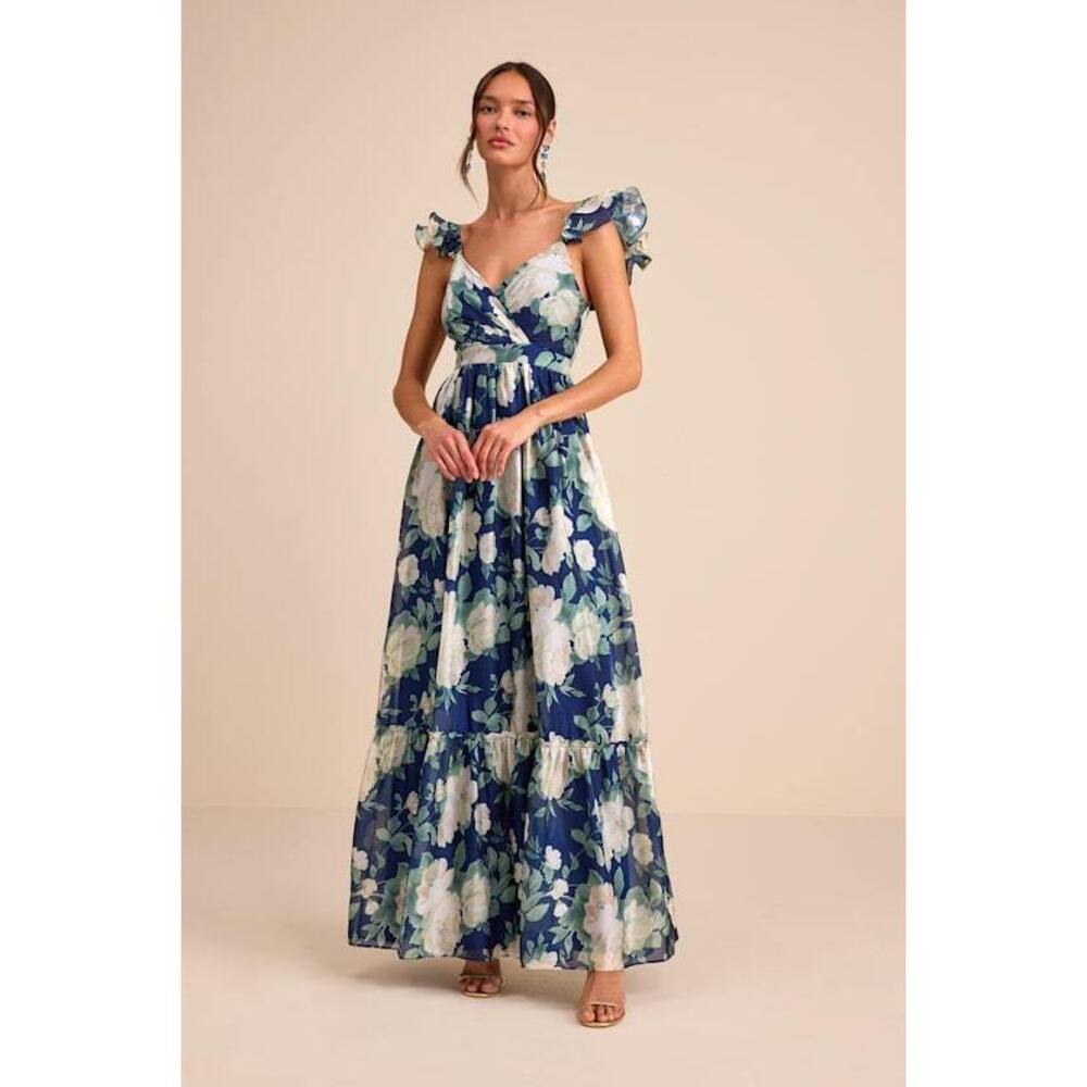 Lulus Soiree Perfection Navy Floral Ruffled Tiered Maxi Dress Blue - Size L